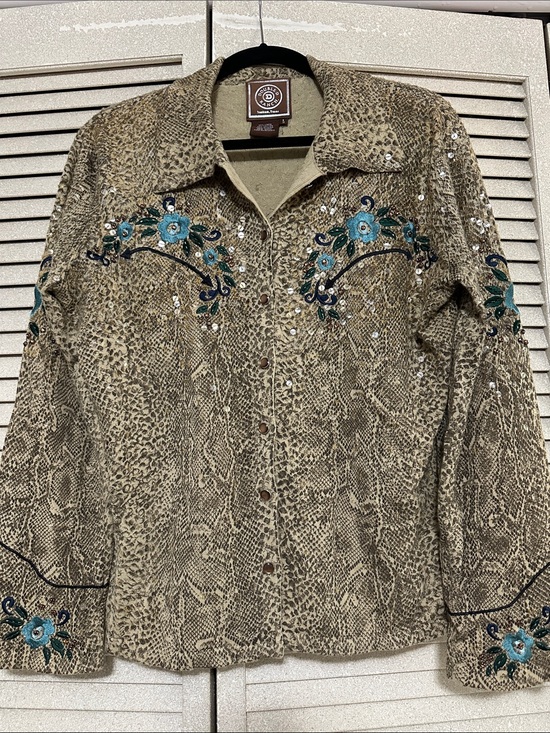 Double D Ranch Sweaters - Double D Ranch Tan Snakeskin Western Shirt with Teal Floral Embroidery L